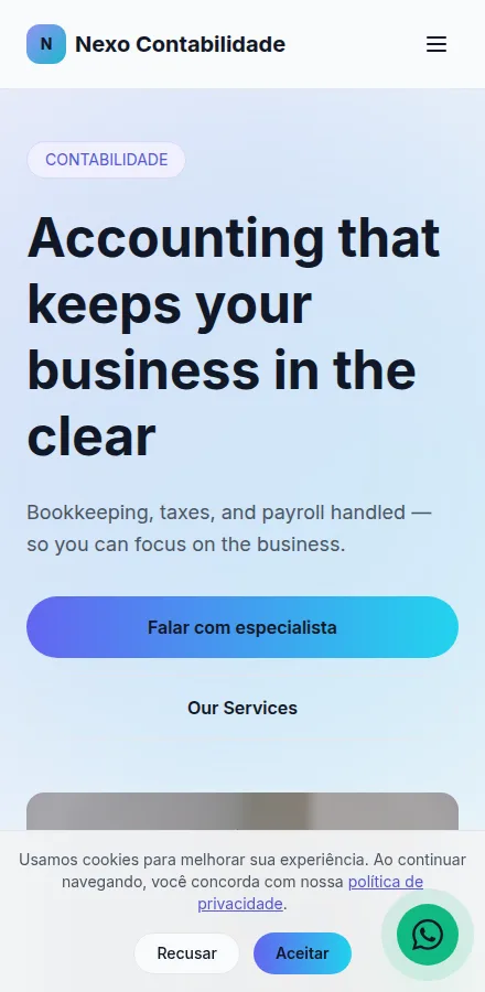 Mobile view of a accounting firm website built with Tavoren