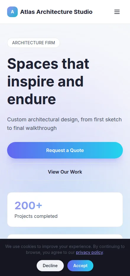 Mobile view of a architecture studio website built with Tavoren