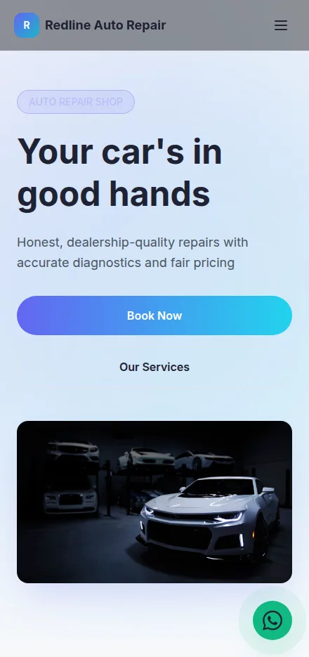 Mobile view of a auto repair shop website built with Tavoren