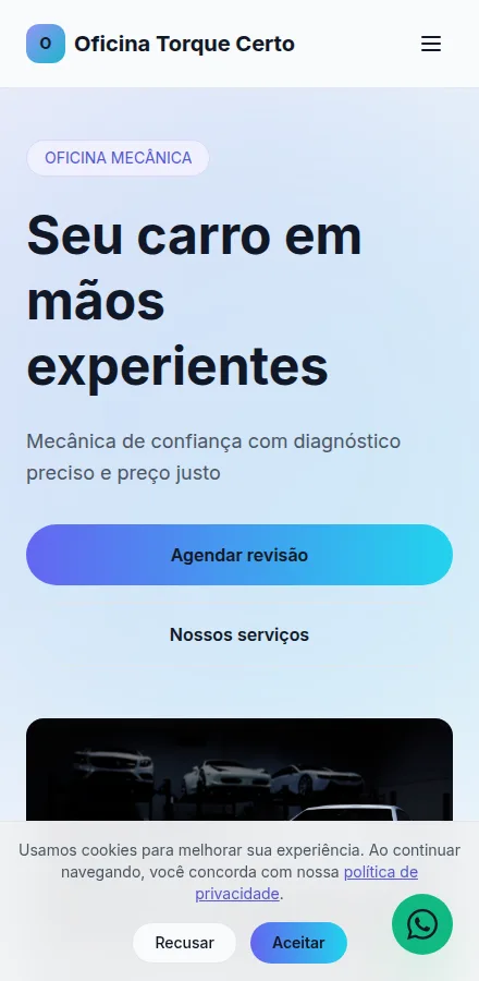 Versão mobile do site de oficina mecânica feito no Tavoren