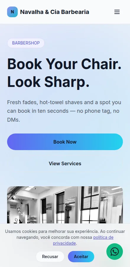 Mobile view of a barbershop website built with Tavoren