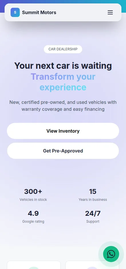 Mobile view of a car dealership website built with Tavoren