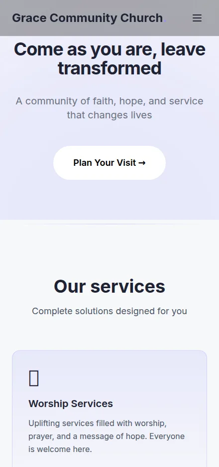 Mobile view of a church website built with Tavoren