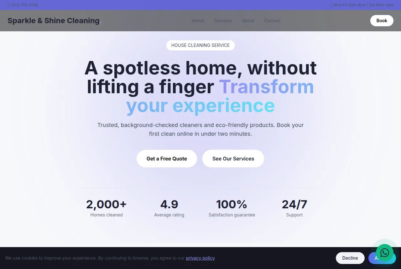 Example house cleaning service website built with Tavoren