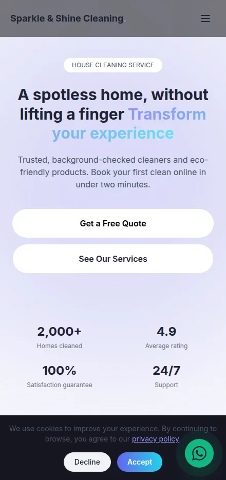 Mobile view of a house cleaning service website built with Tavoren