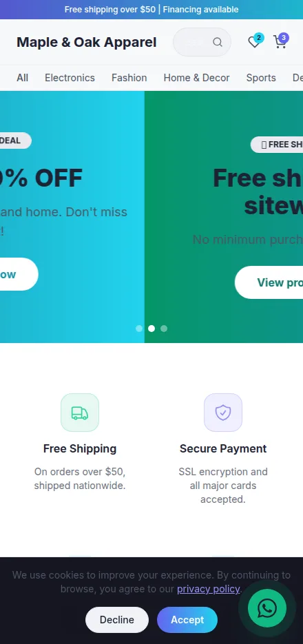 Mobile view of a clothing store website built with Tavoren