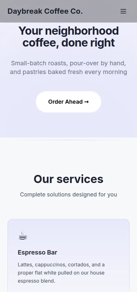 Mobile view of a coffee shop website built with Tavoren