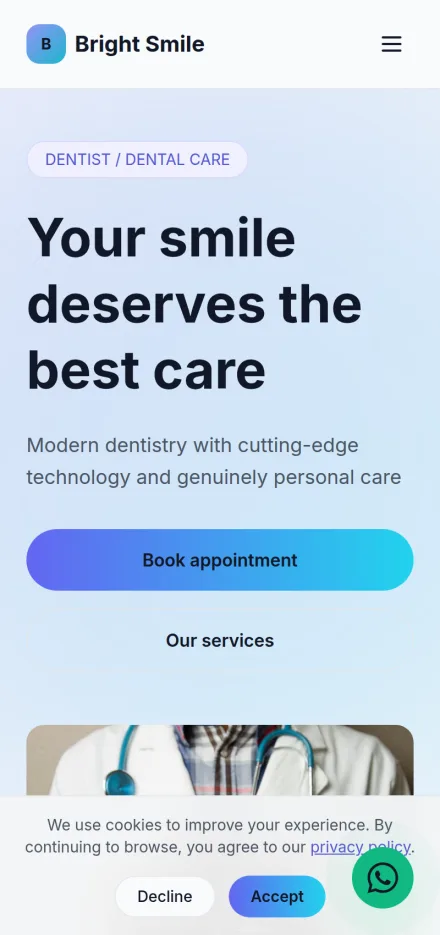 Mobile view of a dental practice website built with Tavoren
