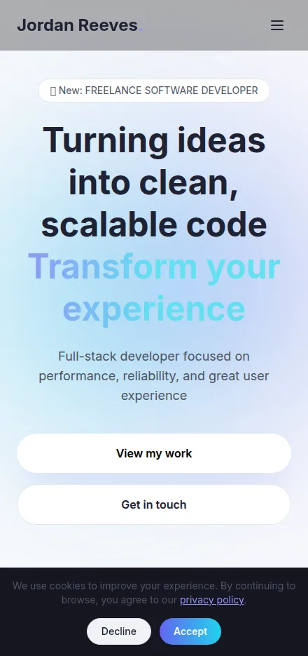 Mobile view of a freelance developer website built with Tavoren
