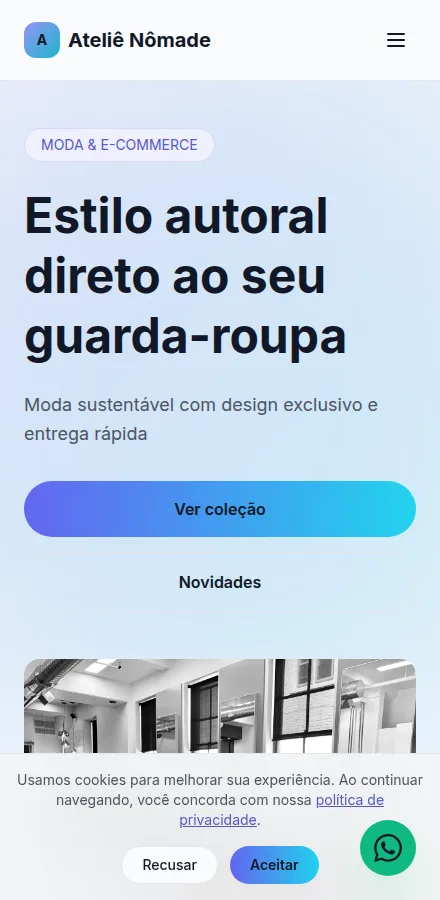 Versão mobile do site de loja de roupas feito no Tavoren