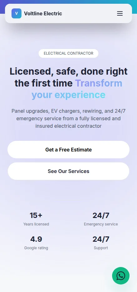 Mobile view of a electrical contractor website built with Tavoren