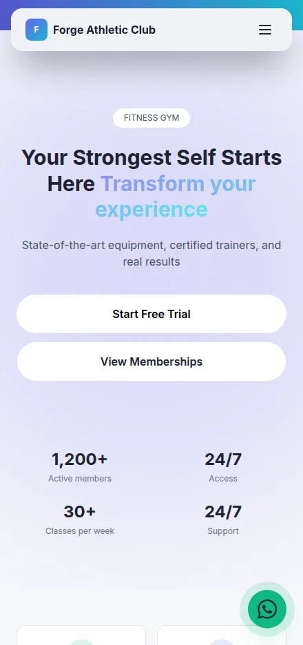 Mobile view of a gym website built with Tavoren