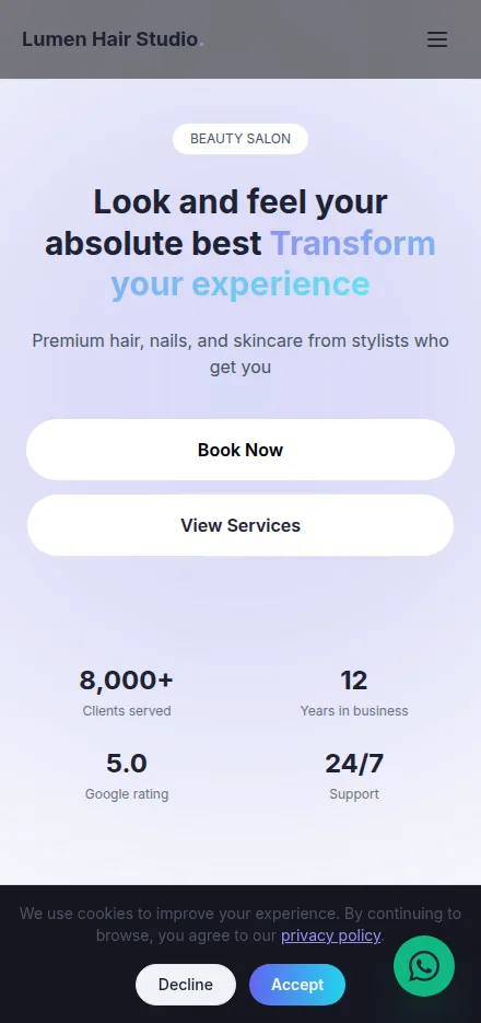 Mobile view of a hair salon website built with Tavoren