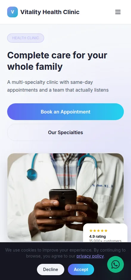 Mobile view of a health clinic website built with Tavoren