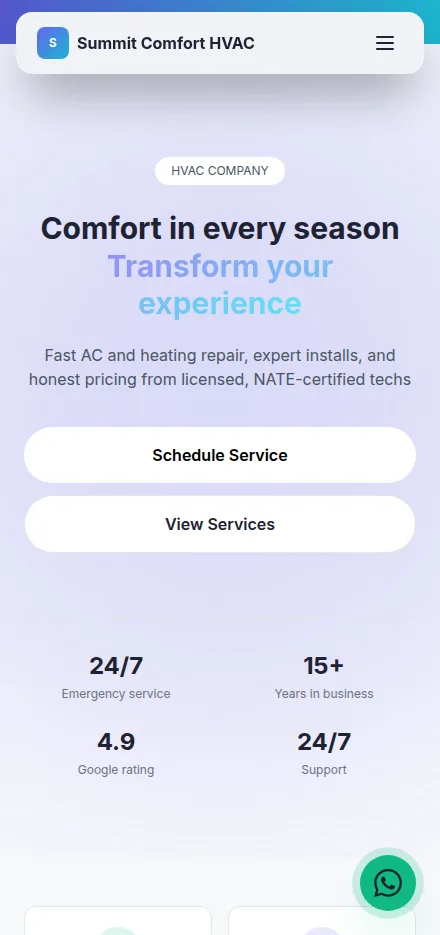 Mobile view of a hvac company website built with Tavoren