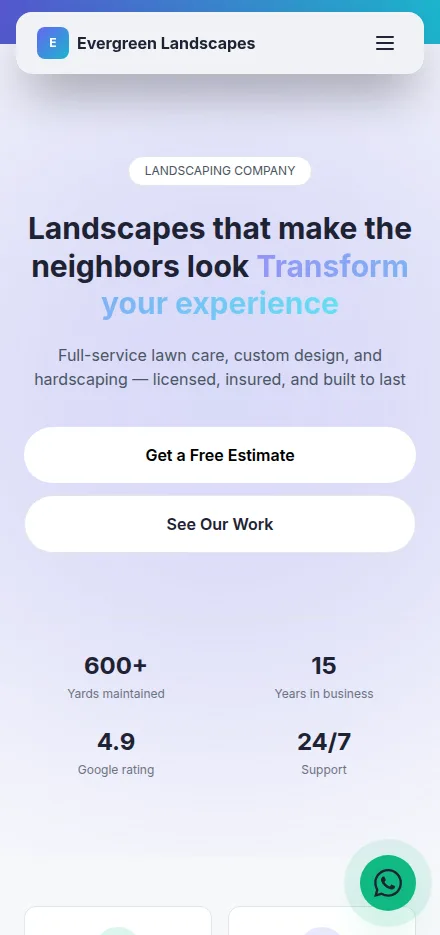 Mobile view of a landscaping company website built with Tavoren