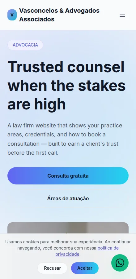 Mobile view of a law firm website built with Tavoren