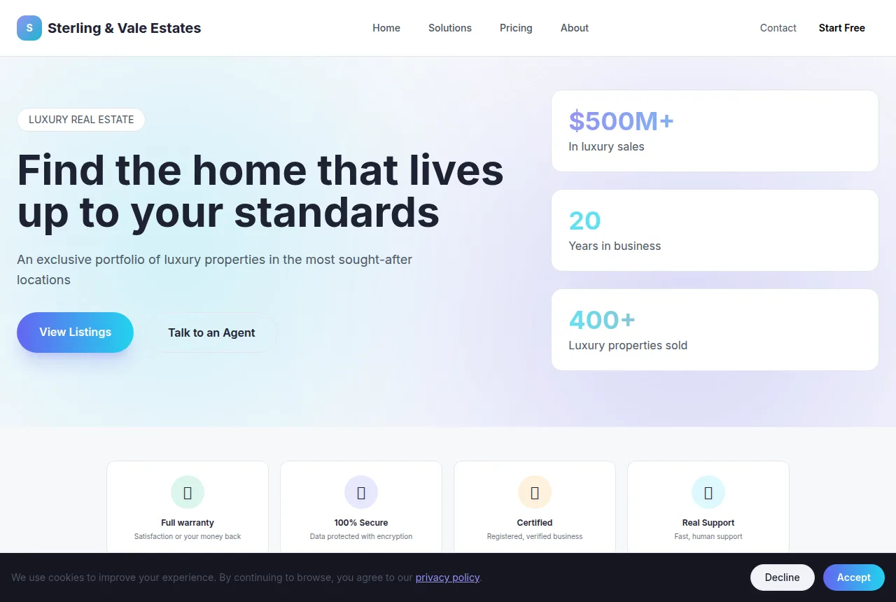 Example luxury real estate agency website built with Tavoren