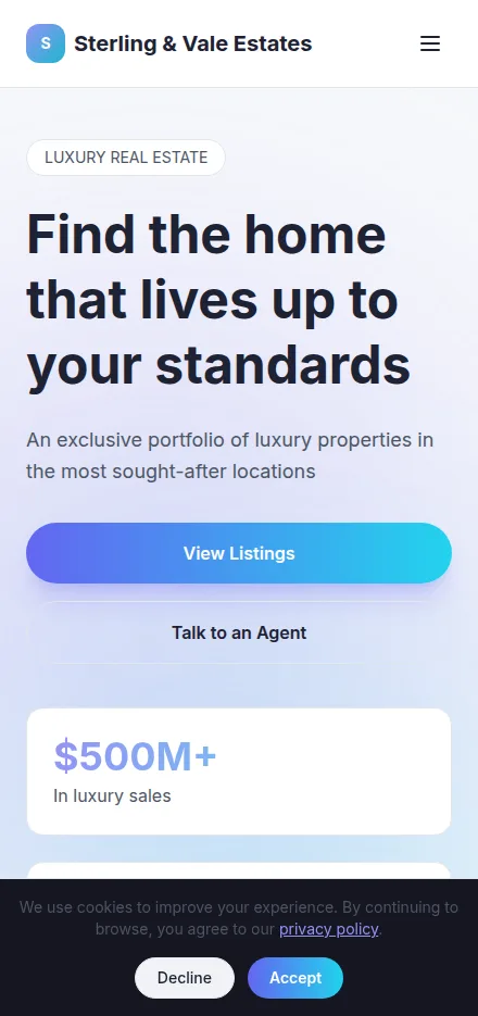 Mobile view of a luxury real estate agency website built with Tavoren