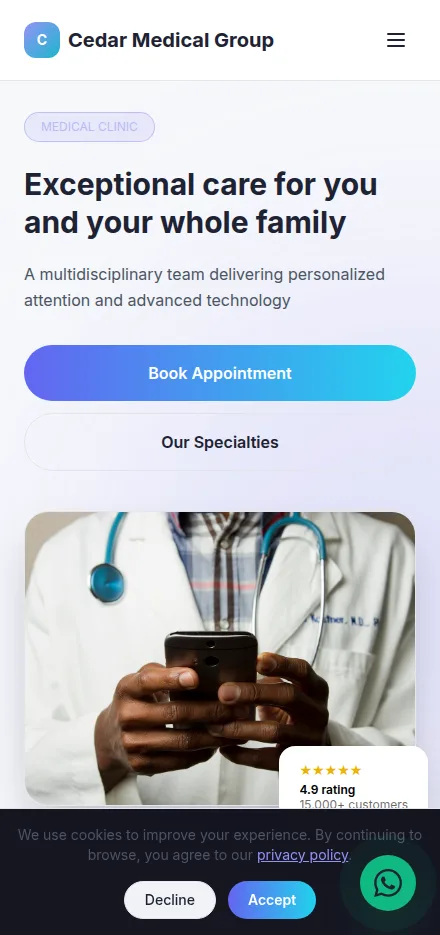 Mobile view of a medical clinic website built with Tavoren