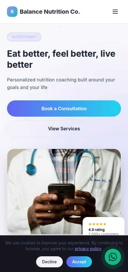 Mobile view of a nutritionist website built with Tavoren