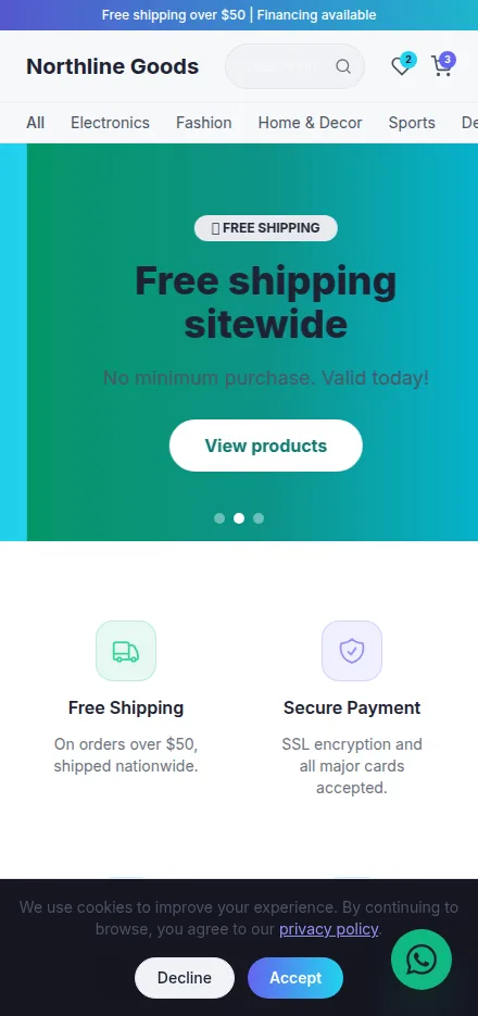 Mobile view of a online store website built with Tavoren