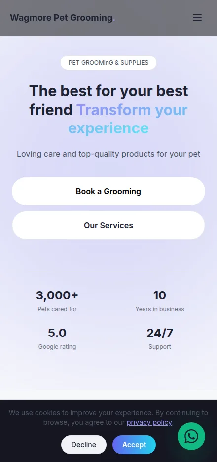Mobile view of a pet grooming business website built with Tavoren