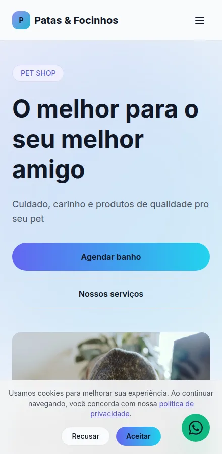 Versão mobile do site de pet shop feito no Tavoren