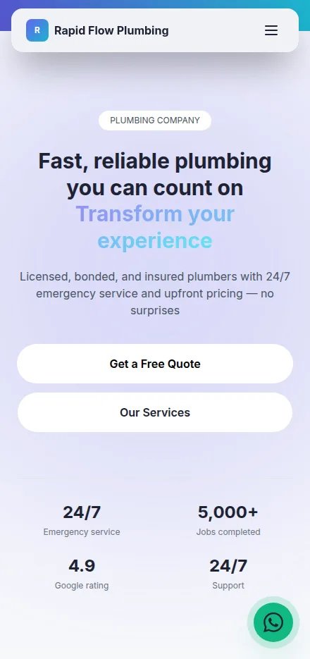 Mobile view of a plumbing company website built with Tavoren