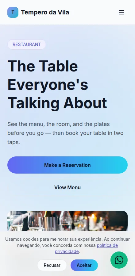 Mobile view of a restaurant website built with Tavoren