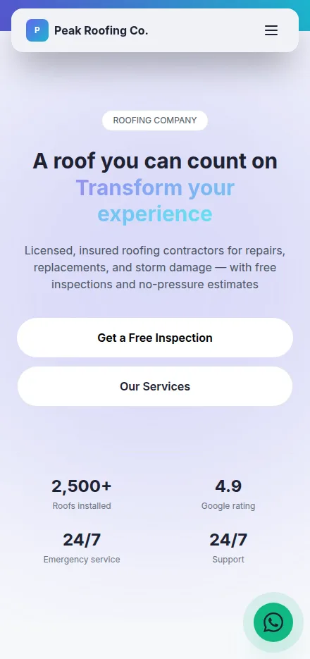 Mobile view of a roofing company website built with Tavoren