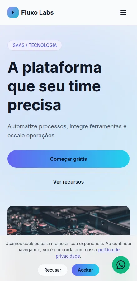 Versão mobile do site de startup ou empresa de tecnologia feito no Tavoren