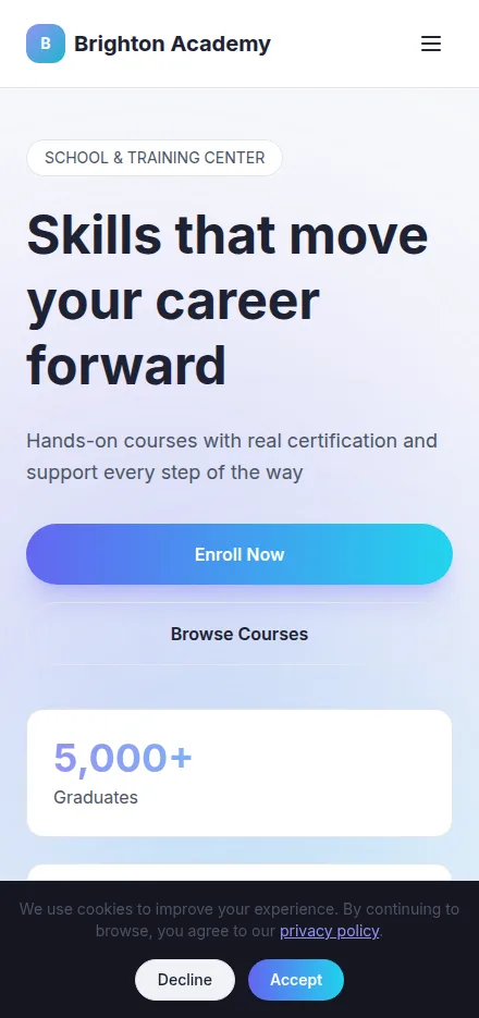 Mobile view of a school website built with Tavoren
