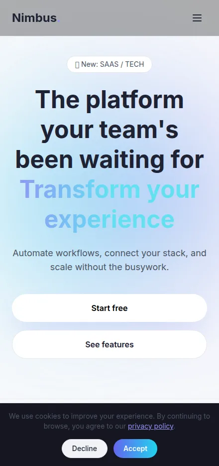 Mobile view of a startup website built with Tavoren