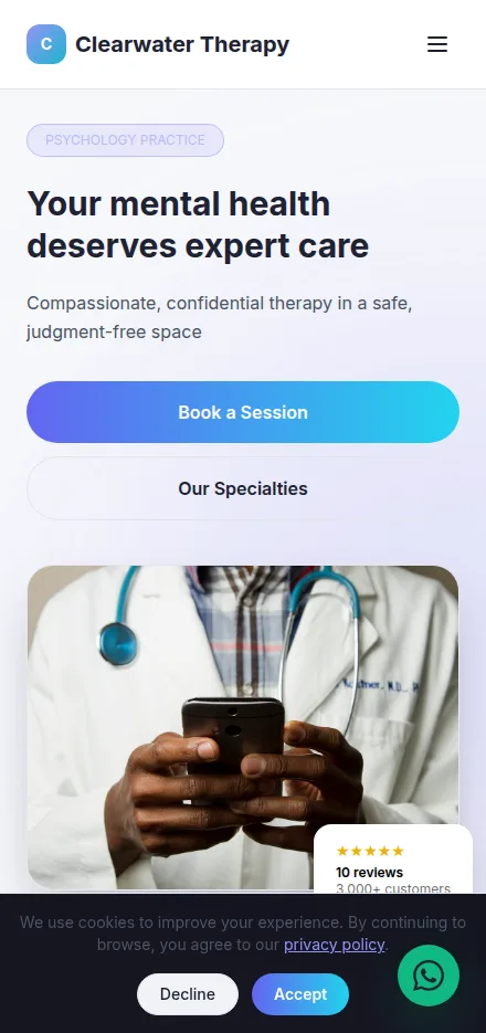 Mobile view of a therapy practice website built with Tavoren