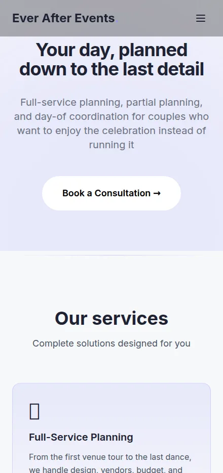 Mobile view of a wedding planner website built with Tavoren